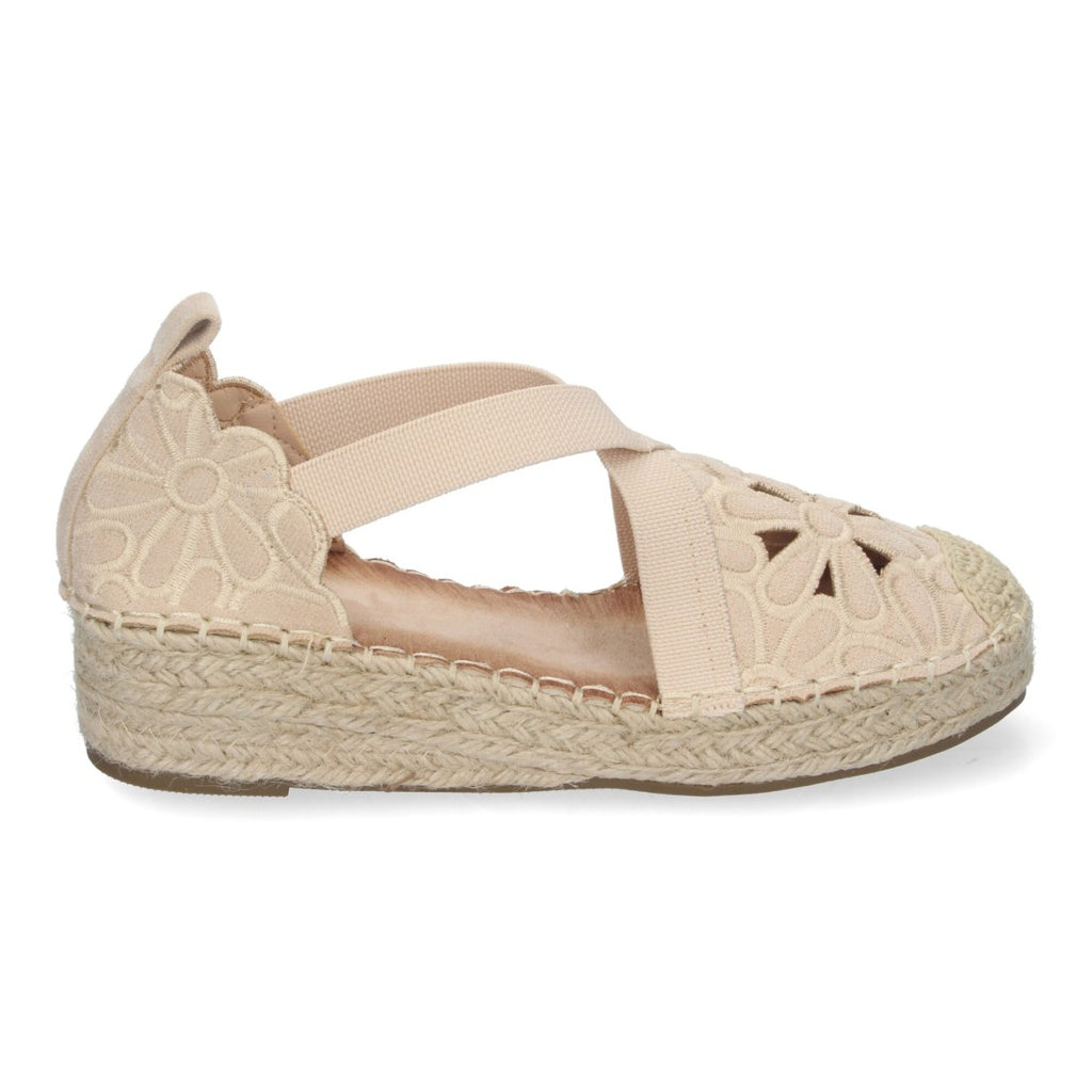Sandalias Beige Mujer Cuña Yute Punta Cerrada Detalles Florales Elegantes