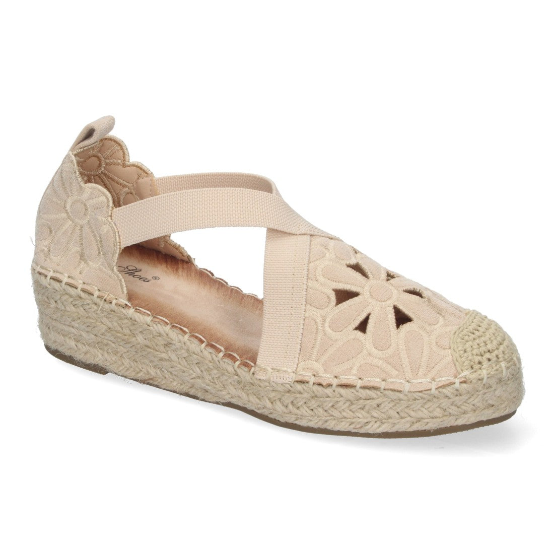 Sandalias Beige Mujer Cuña Yute Punta Cerrada Detalles Florales Elegantes