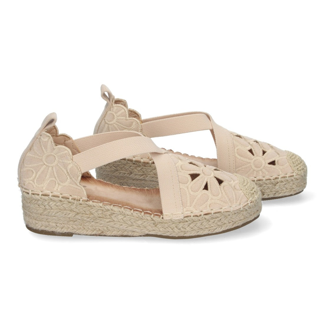 Sandalias Beige Mujer Cuña Yute Punta Cerrada Detalles Florales Elegantes