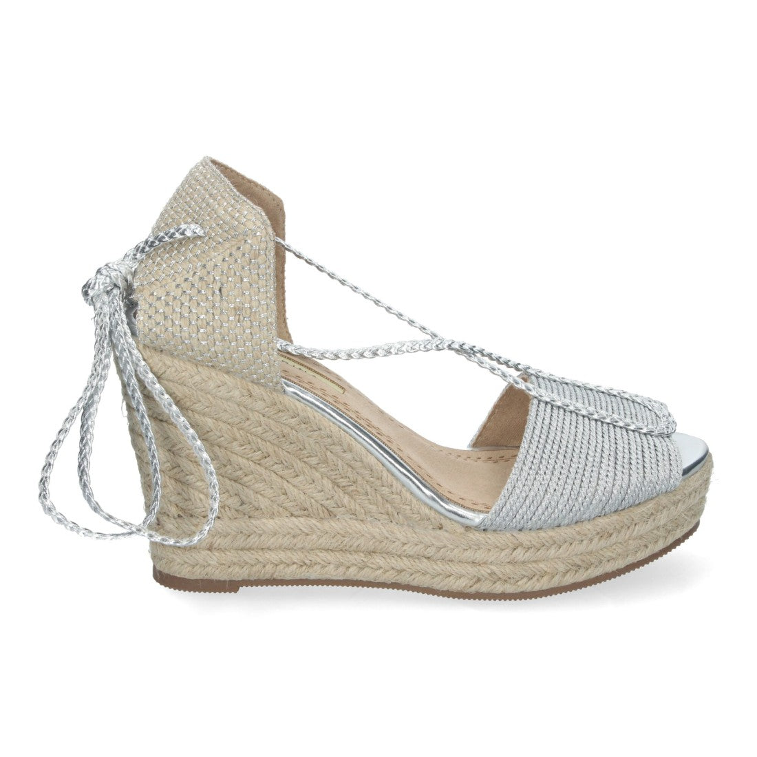 Sandalias Plateadas Mujer Cuña Yute Cordones Glitter Elegantes