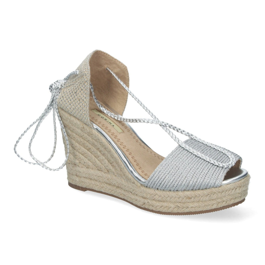 Sandalias Plateadas Mujer Cuña Yute Cordones Glitter Elegantes