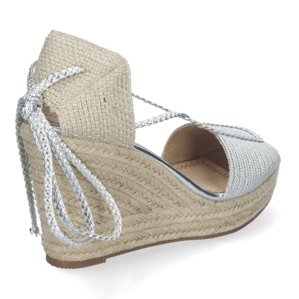 Sandalias Plateadas Mujer Cuña Yute Cordones Glitter Elegantes