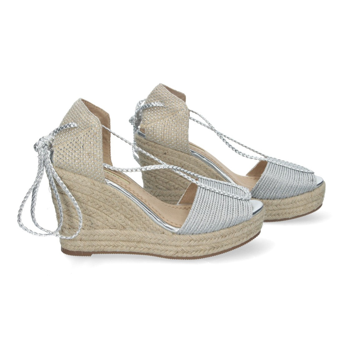 Sandalias Plateadas Mujer Cuña Yute Cordones Glitter Elegantes