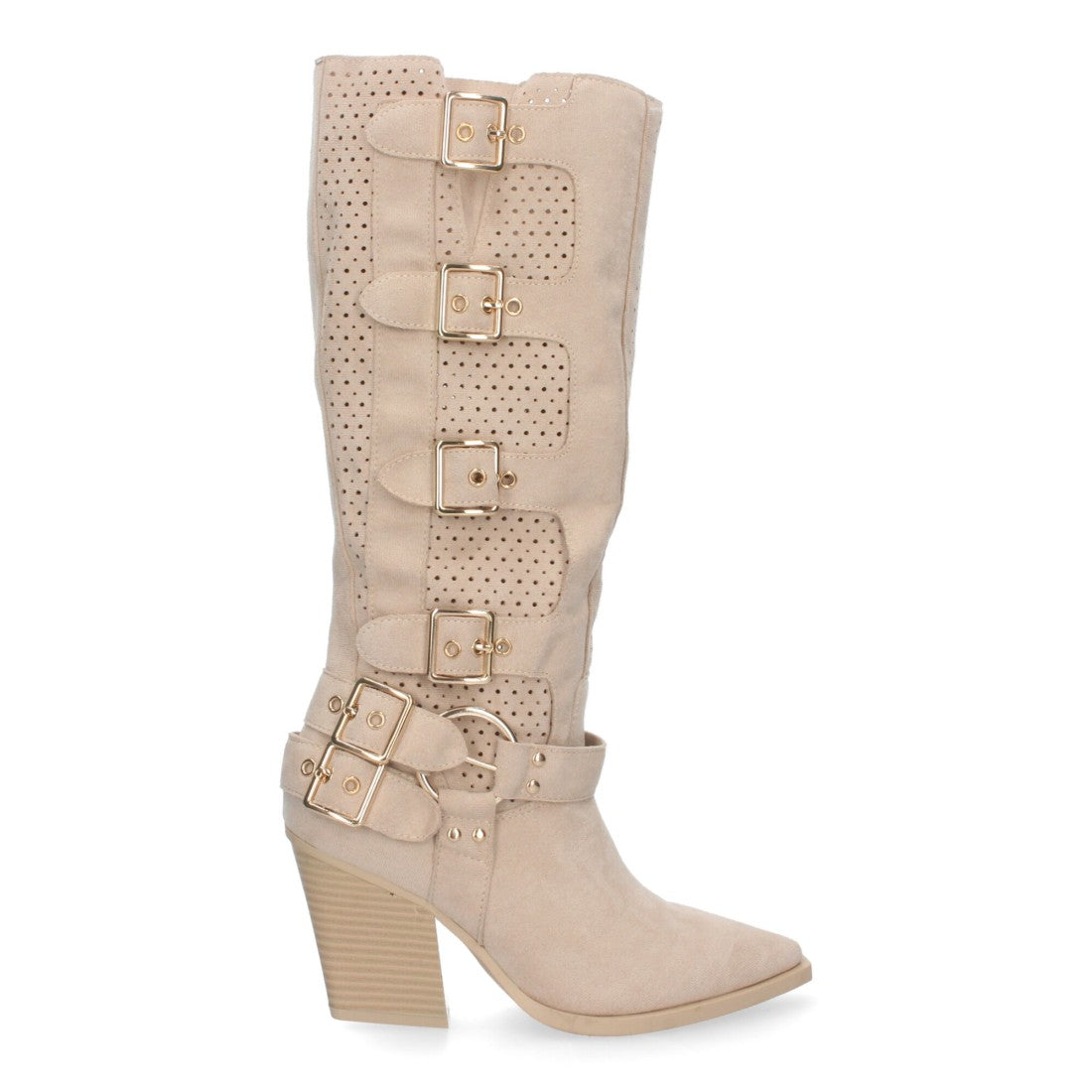 Botas Beige Elegantes con Tacón y Caña Calada