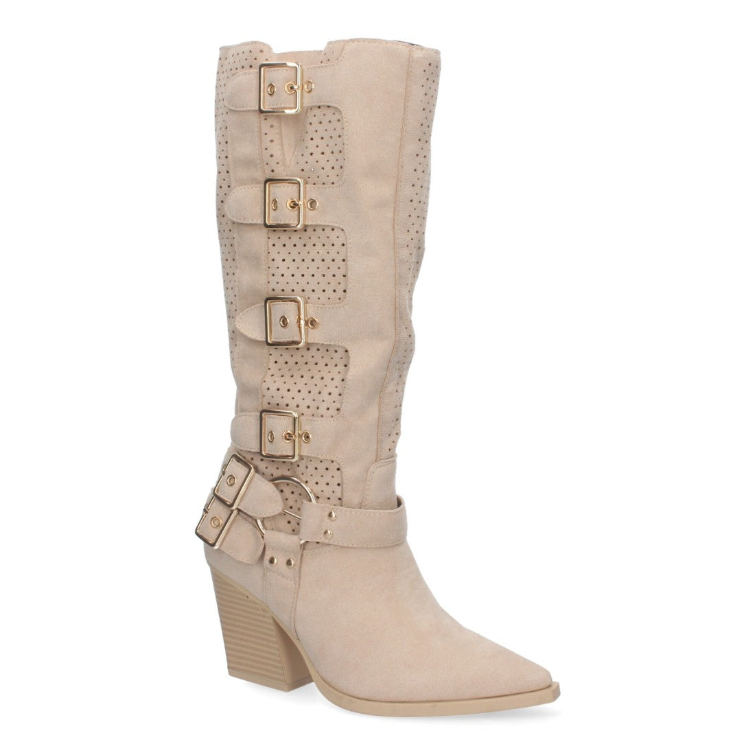 Botas Beige Elegantes con Tacón y Caña Calada