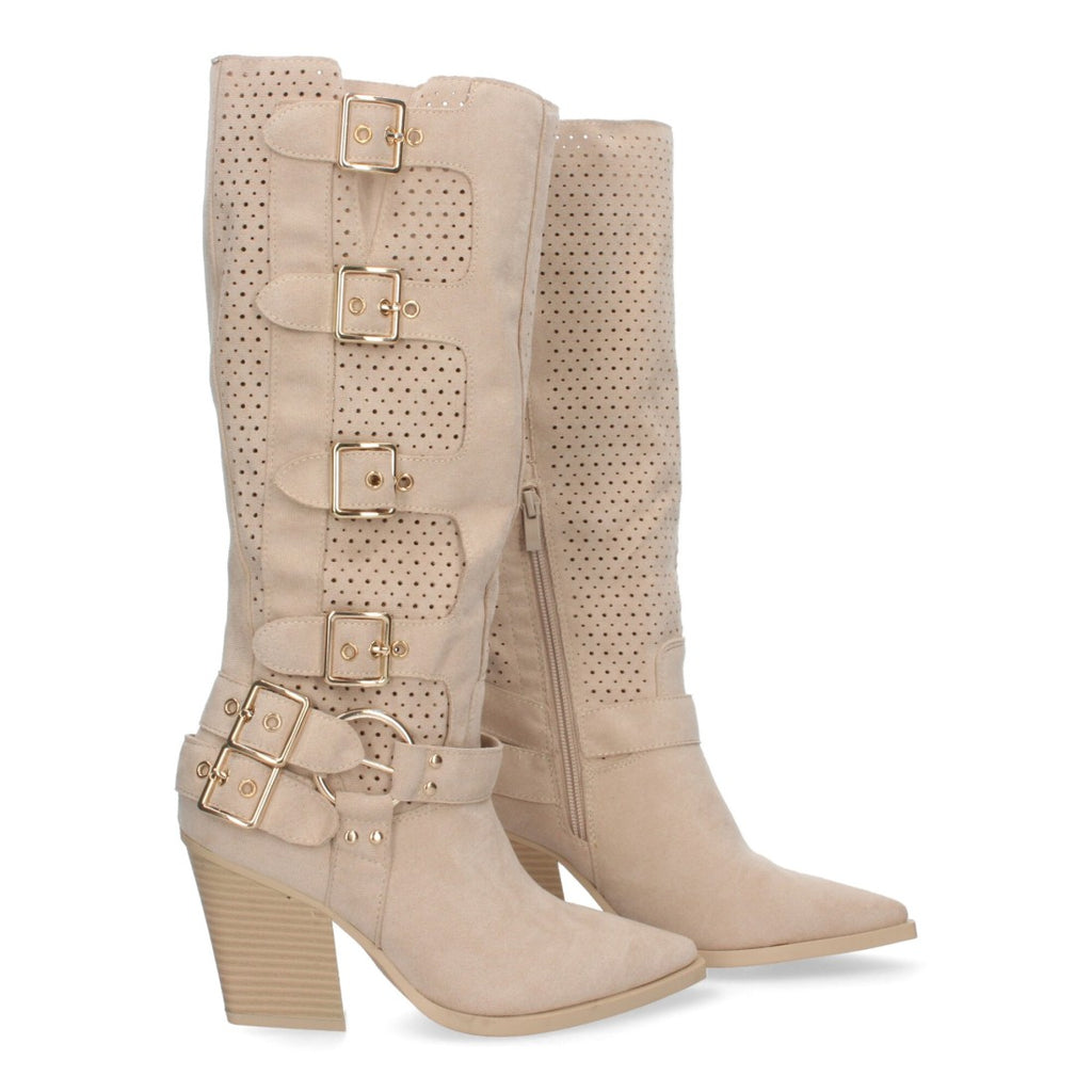 Botas Beige Elegantes con Tacón y Caña Calada