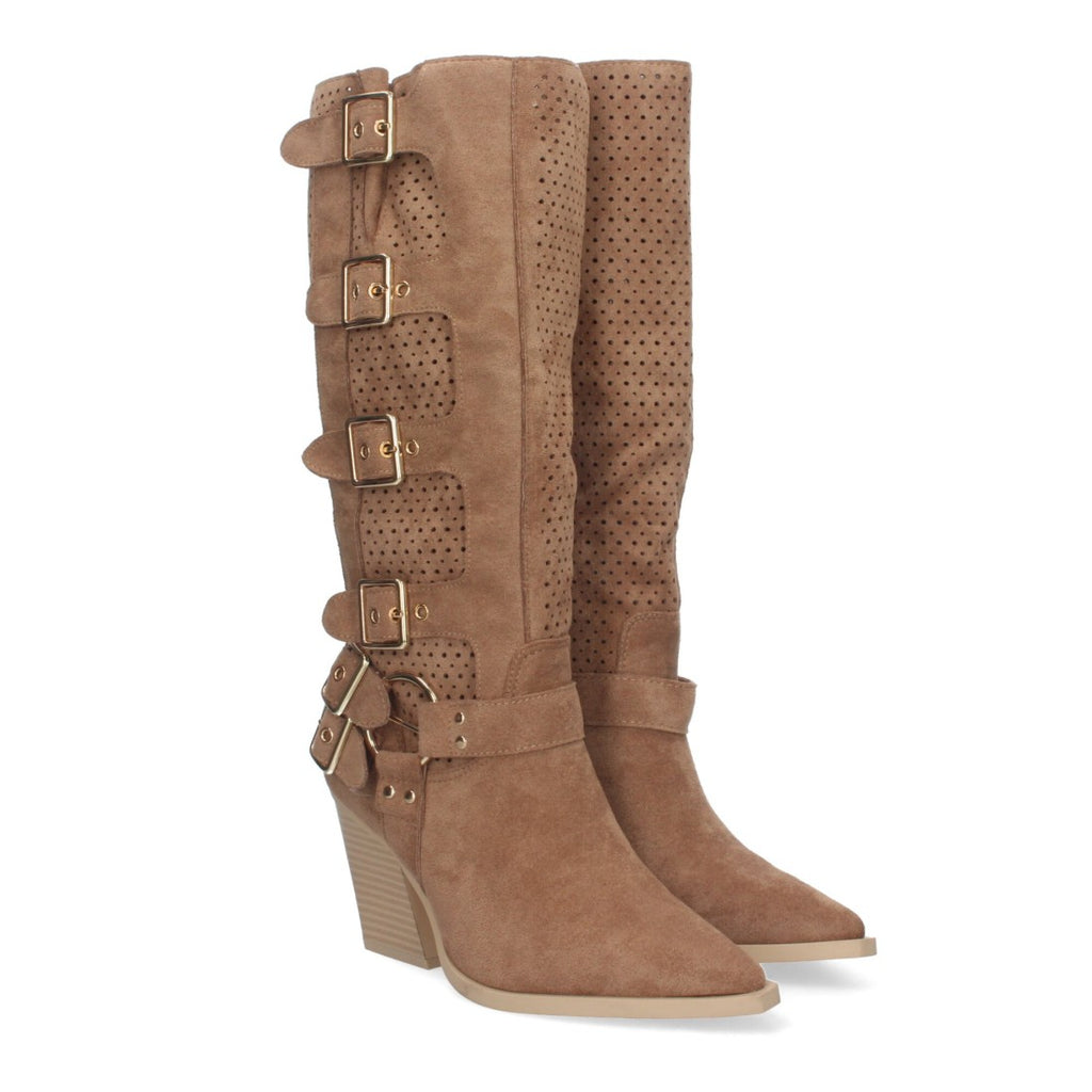 Botas Camel Elegantes con Tacón y Caña Calada