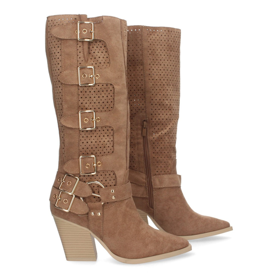 Botas Camel Elegantes con Tacón y Caña Calada