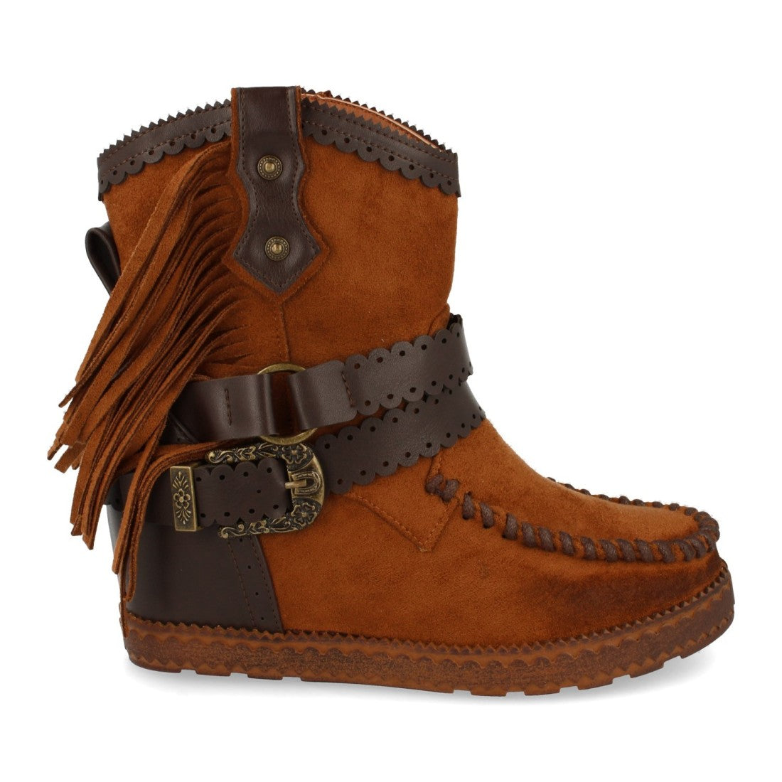 Botines Estilo Indio Camel con Flecos, Hebillas y Cuña Interior