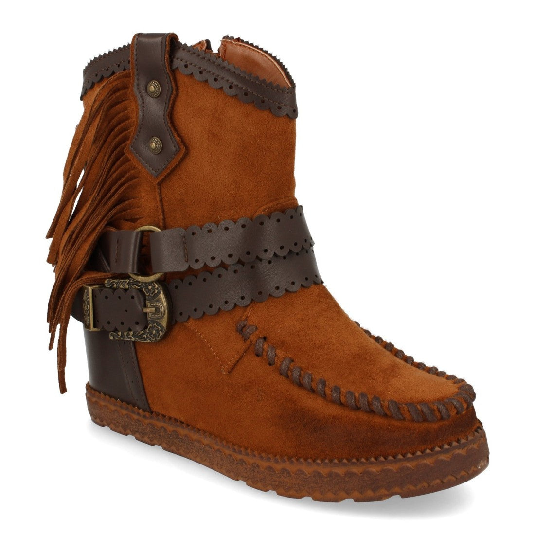 Botines Estilo Indio Camel con Flecos, Hebillas y Cuña Interior