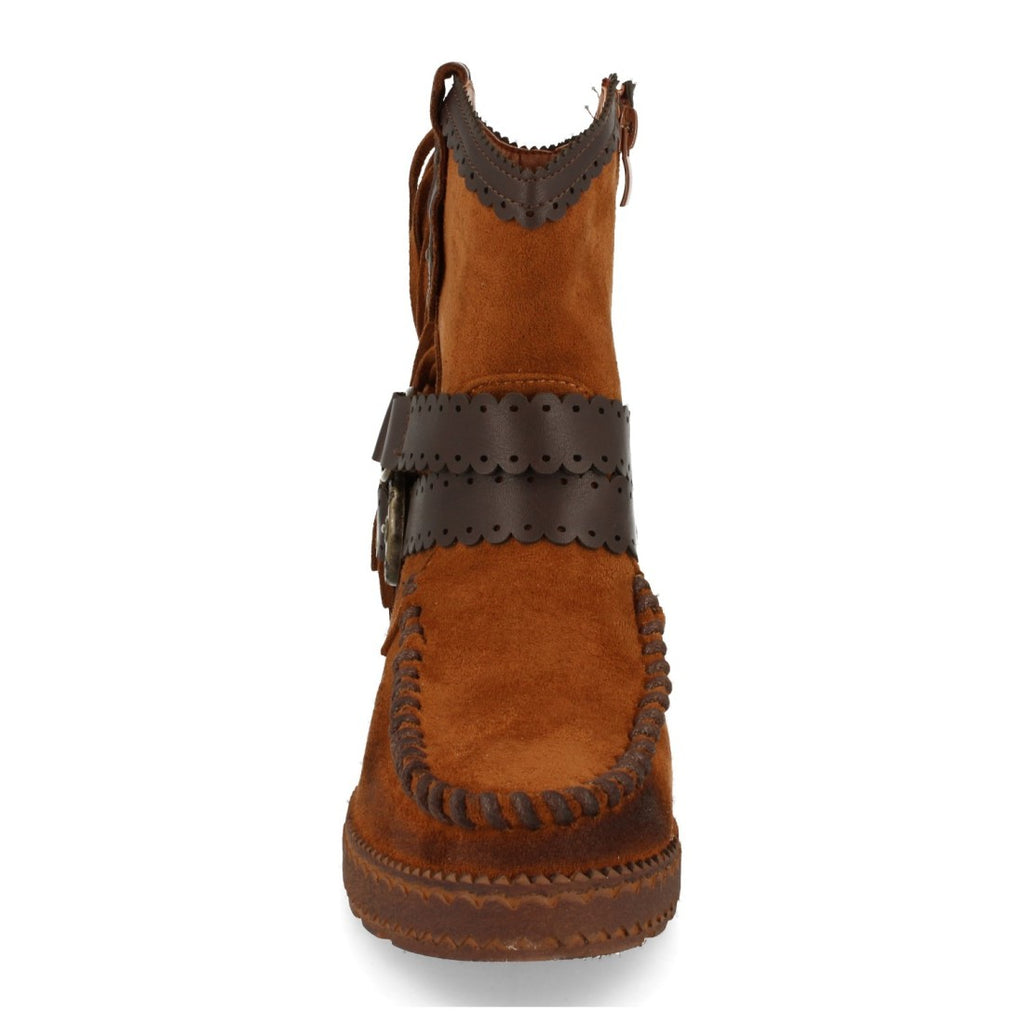 Botines Estilo Indio Camel con Flecos, Hebillas y Cuña Interior