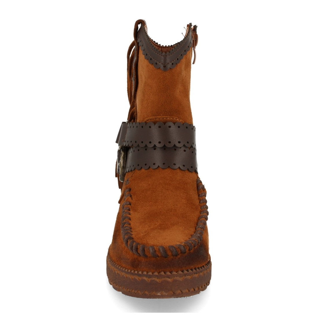 Botines Estilo Indio Camel con Flecos, Hebillas y Cuña Interior