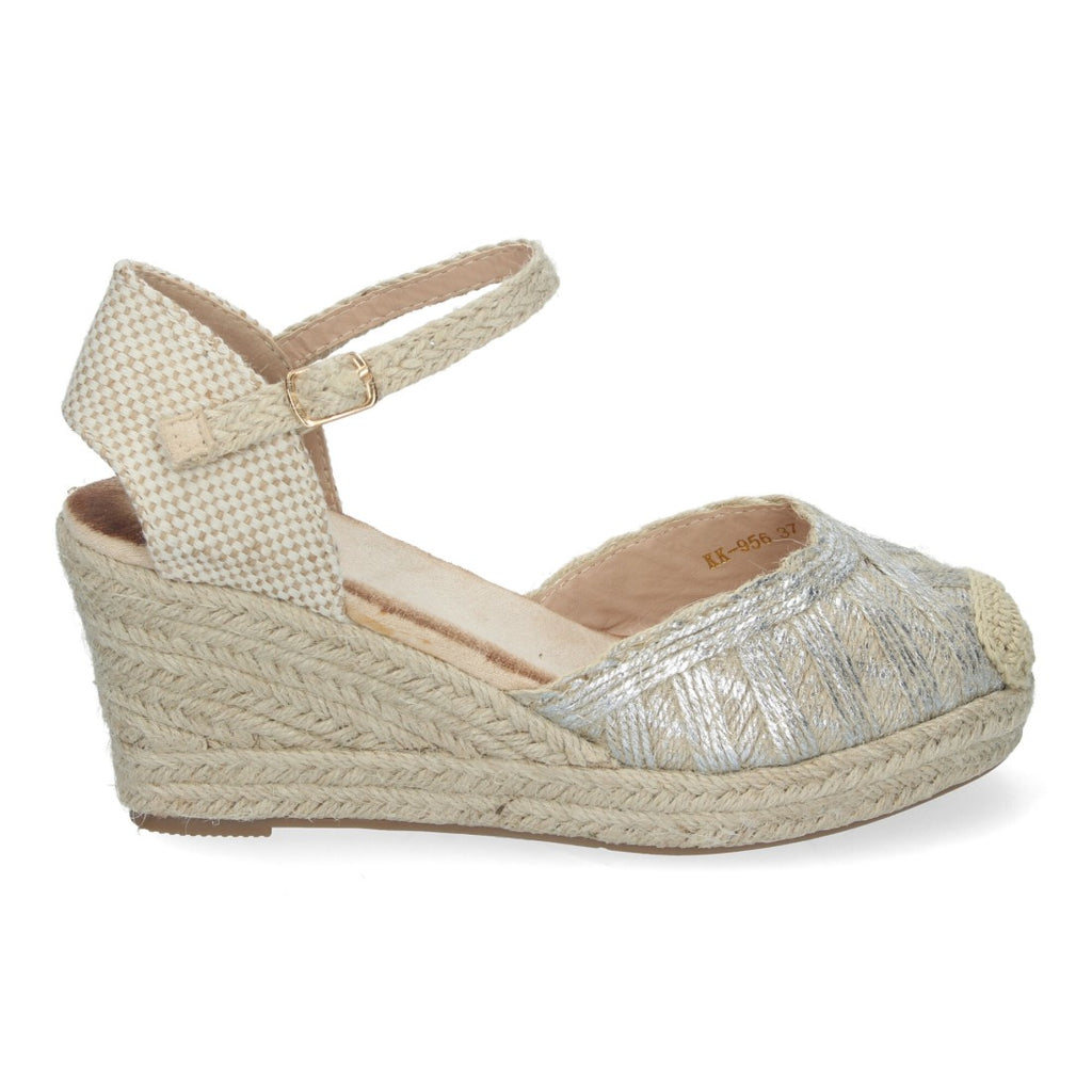 Sandalias Plateadas Mujer Cuña Yute Punta Cerrada Adornos Trenzados Hebilla Elegantes