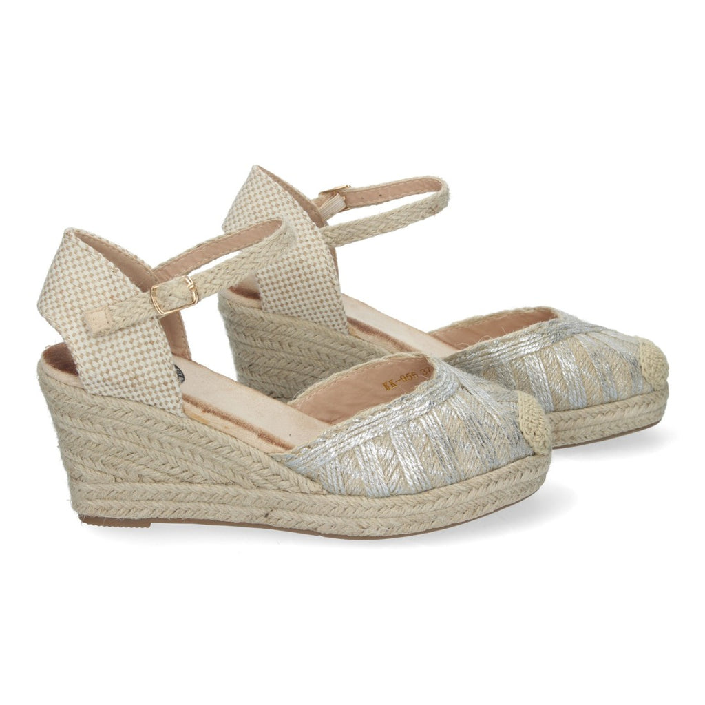 Sandalias Plateadas Mujer Cuña Yute Punta Cerrada Adornos Trenzados Hebilla Elegantes