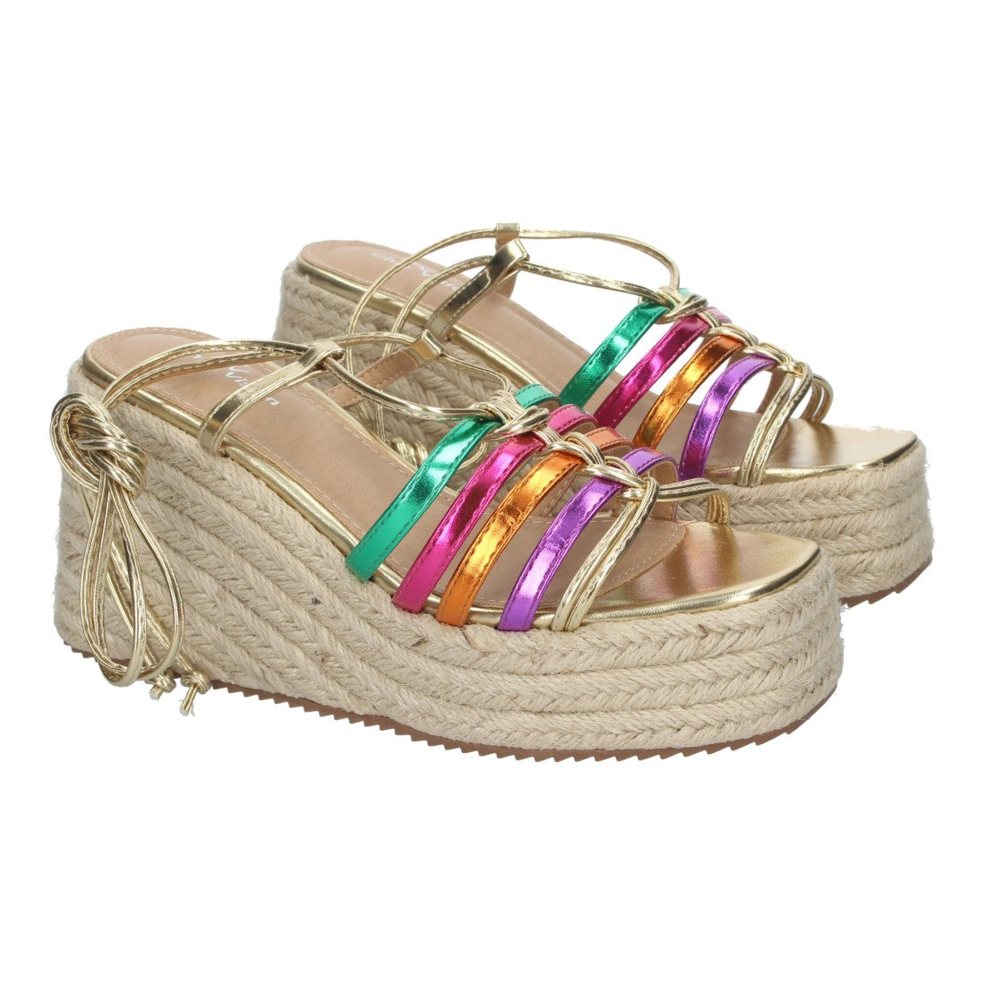 Sandalias Multicolor Mujer Cuña Yute Cordones Elegantes