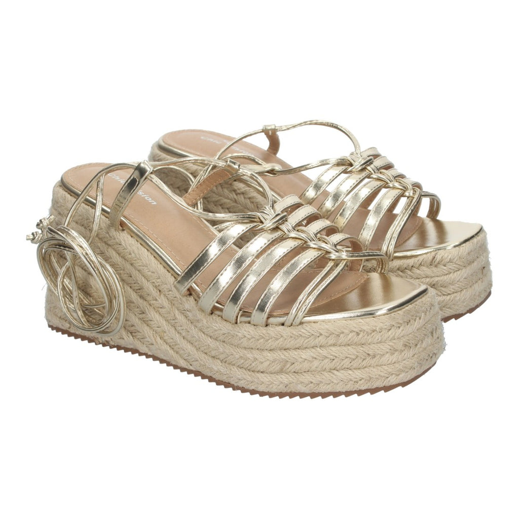 Sandalias de Cuña Yute Doradas con Cordones