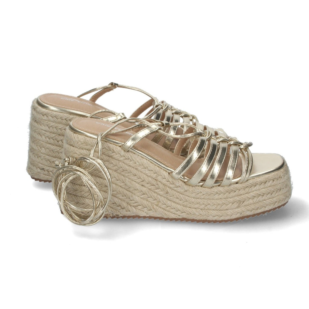 Sandalias de Cuña Yute Doradas con Cordones