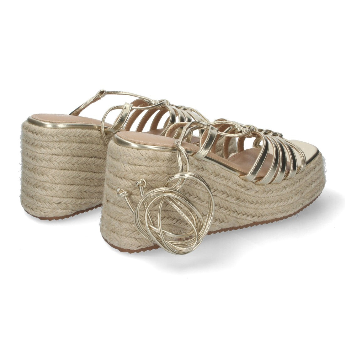 Sandalias de Cuña Yute Doradas con Cordones