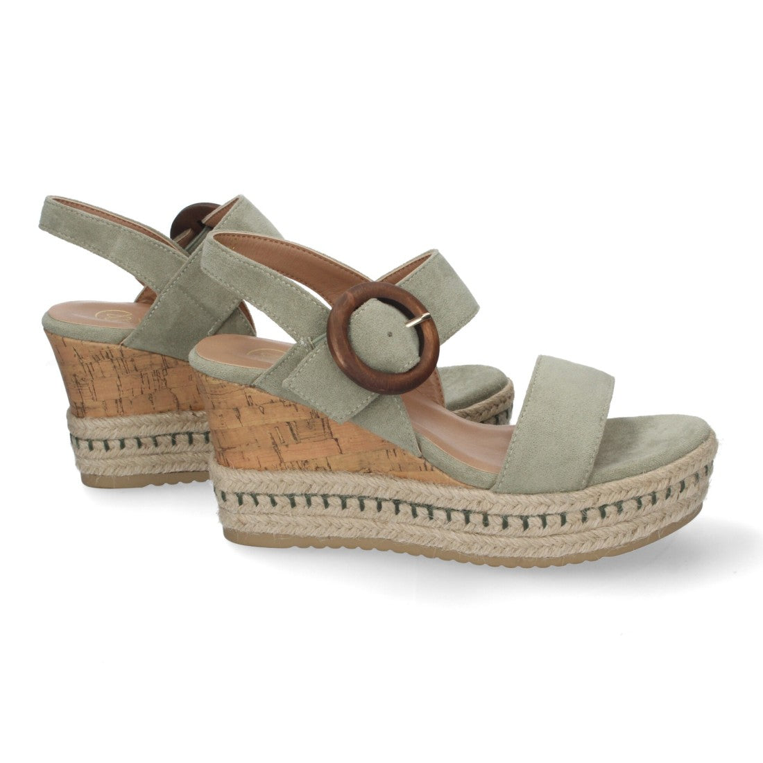Sandalias Verdes Mujer Cuña Yute Tiras Cruzadas Hebilla Decorativa Verano