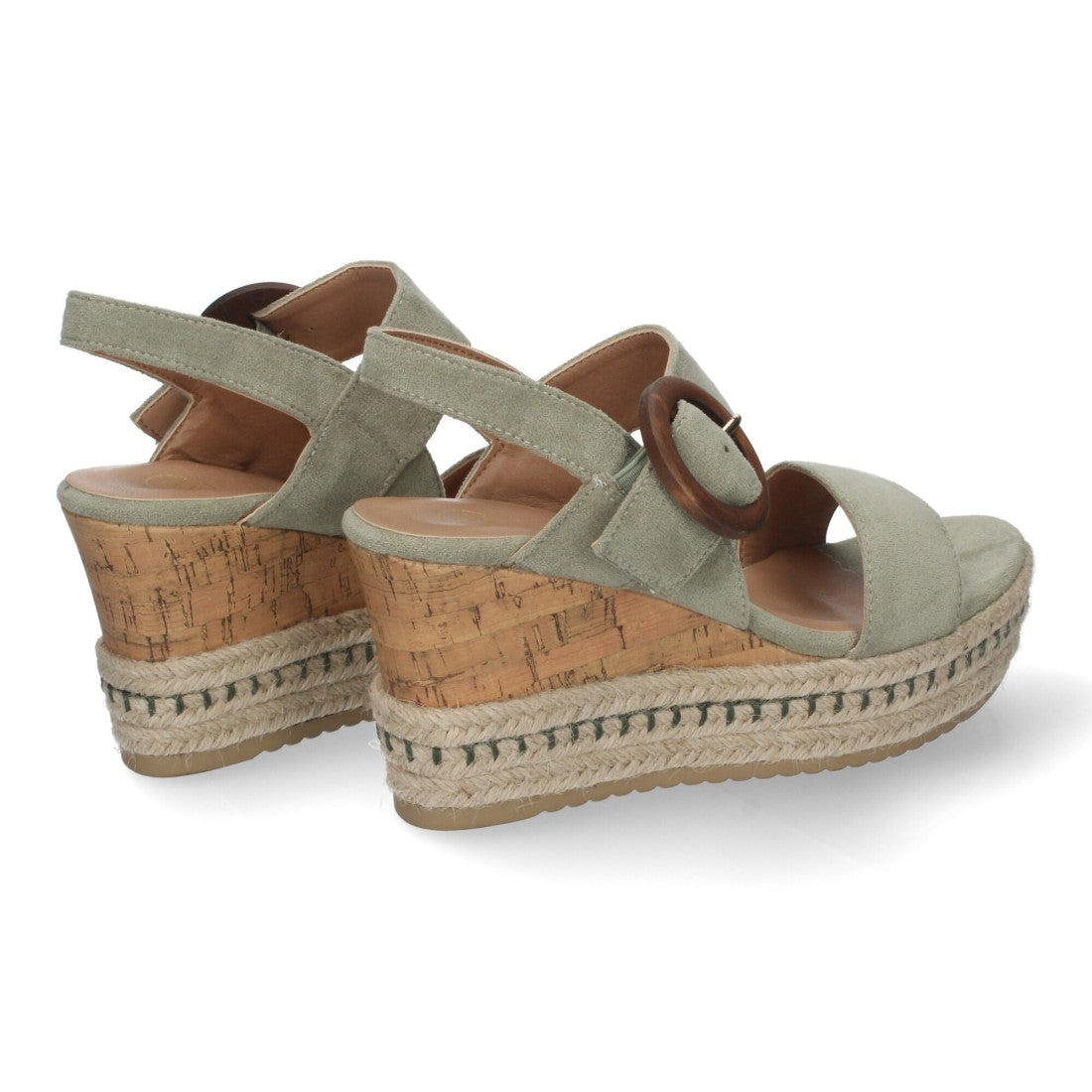 Sandalias Verdes Mujer Cuña Yute Tiras Cruzadas Hebilla Decorativa Verano