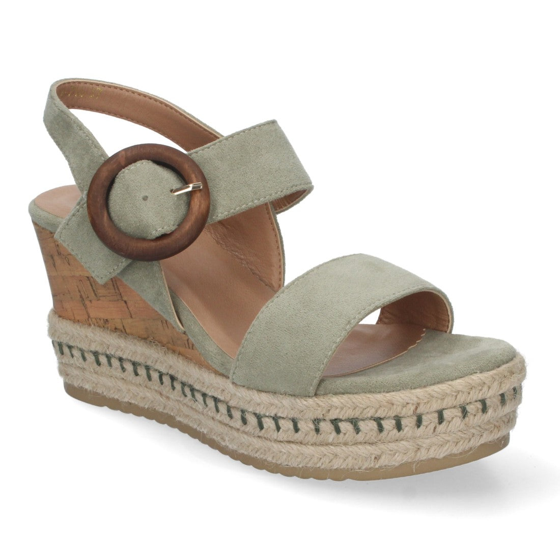 Sandalias Verdes Mujer Cuña Yute Tiras Cruzadas Hebilla Decorativa Verano
