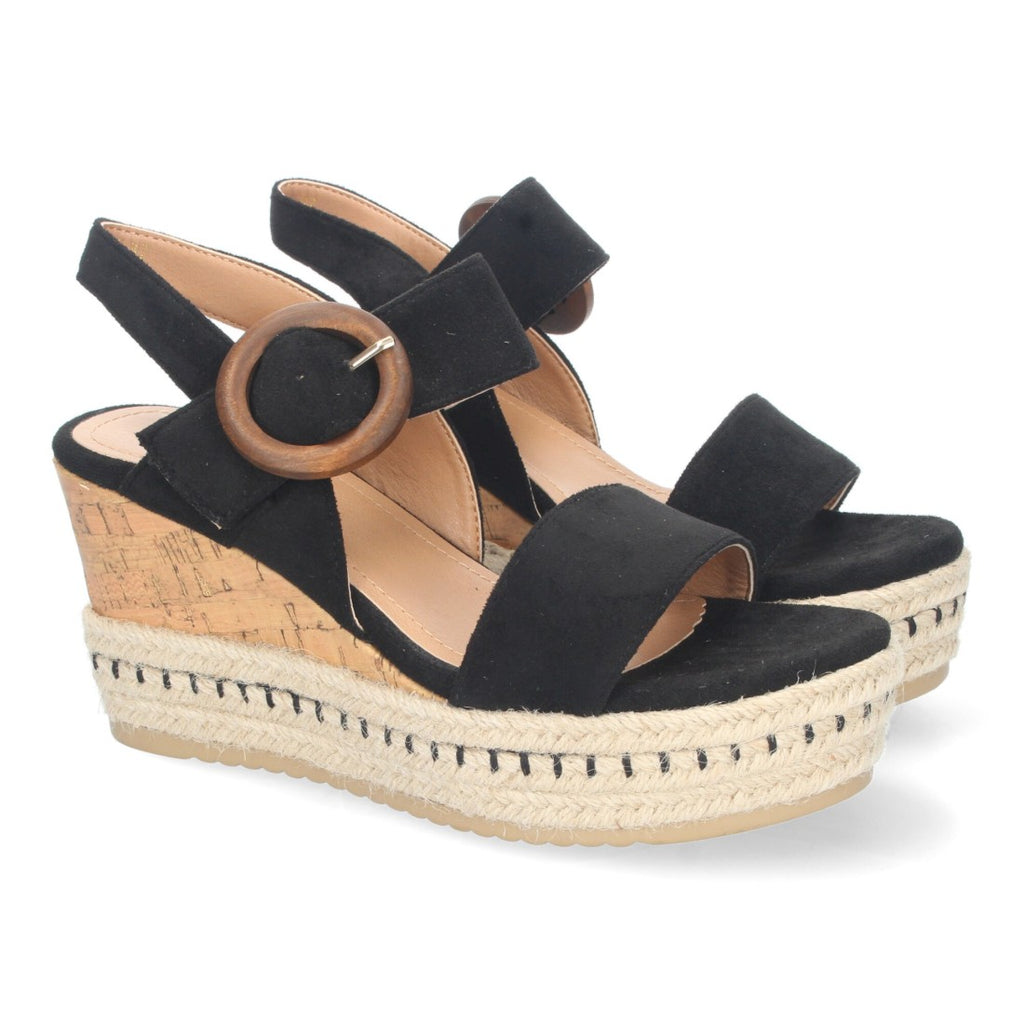Sandalias Negras Mujer Cuña Yute Tiras Cruzadas Hebilla Decorativa Verano
