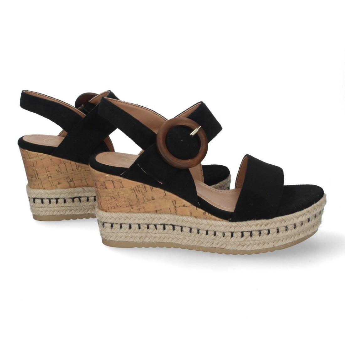 Sandalias Negras Mujer Cuña Yute Tiras Cruzadas Hebilla Decorativa Verano
