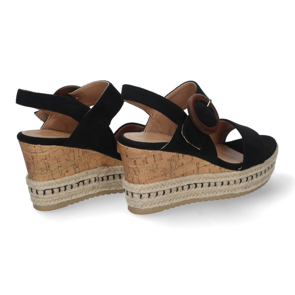 Sandalias Negras Mujer Cuña Yute Tiras Cruzadas Hebilla Decorativa Verano