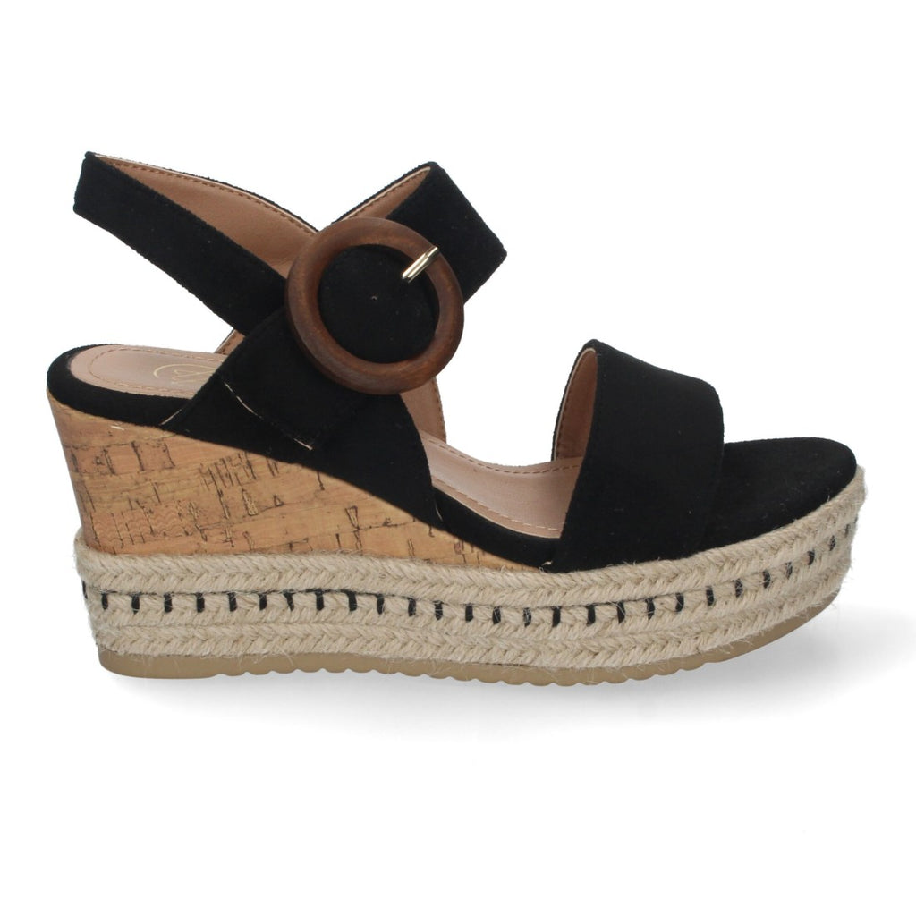 Sandalias Negras Mujer Cuña Yute Tiras Cruzadas Hebilla Decorativa Verano