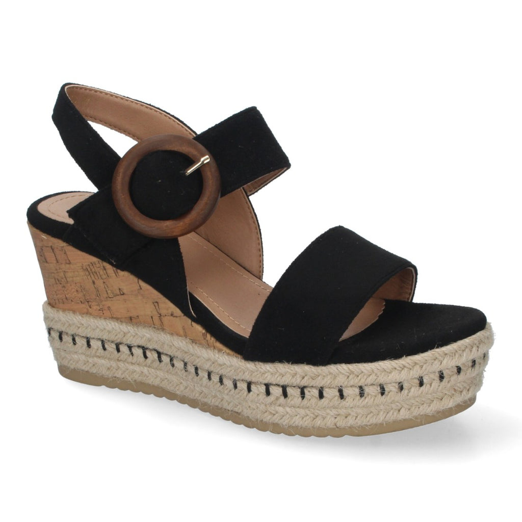 Sandalias Negras Mujer Cuña Yute Tiras Cruzadas Hebilla Decorativa Verano