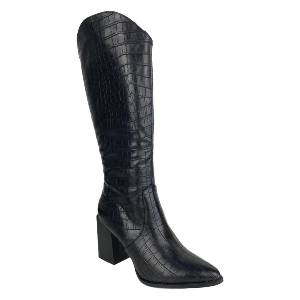 Botas Altas Tacón Estampado Cocodrilo - Negro