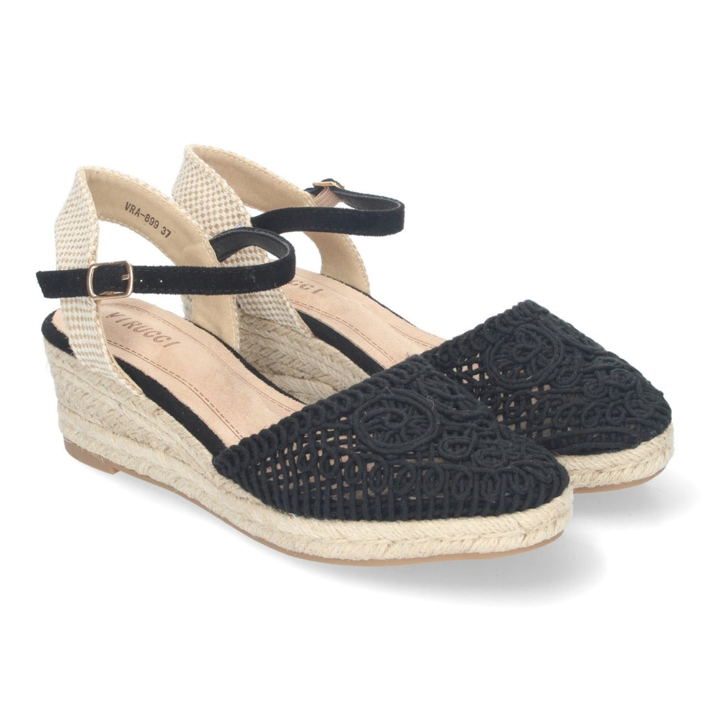 Sandalias Negras Mujer Cuña Yute Valenciana Pala Bordada