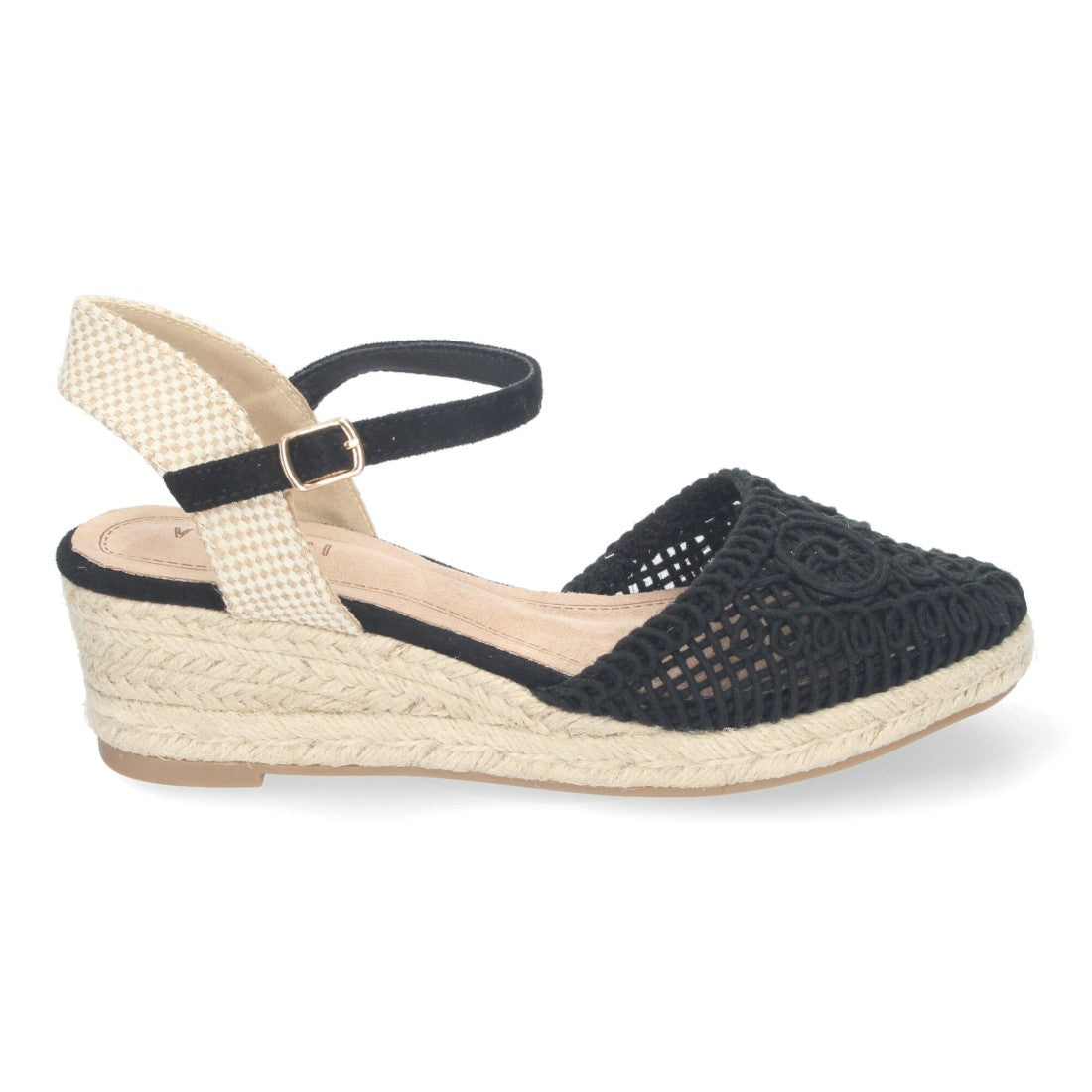 Sandalias Negras Mujer Cuña Yute Valenciana Pala Bordada