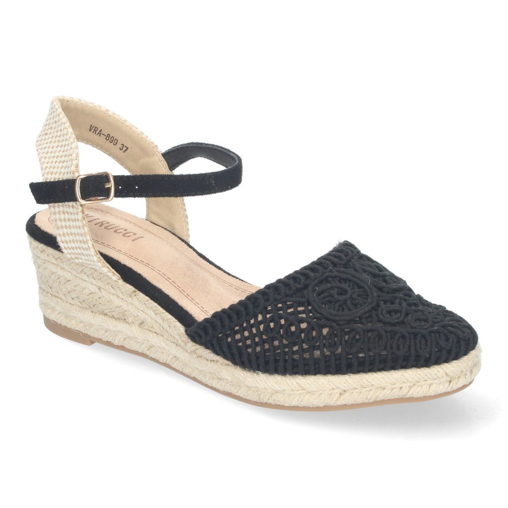 Sandalias Negras Mujer Cuña Yute Valenciana Pala Bordada