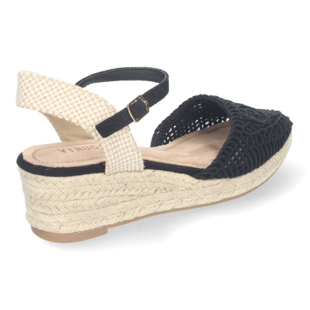 Sandalias Negras Mujer Cuña Yute Valenciana Pala Bordada