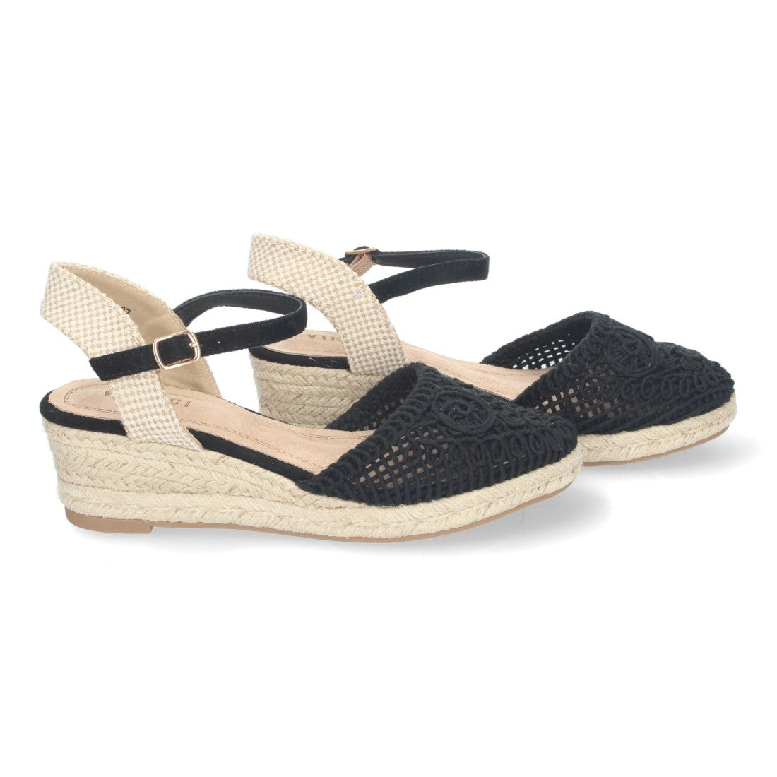 Sandalias Negras Mujer Cuña Yute Valenciana Pala Bordada