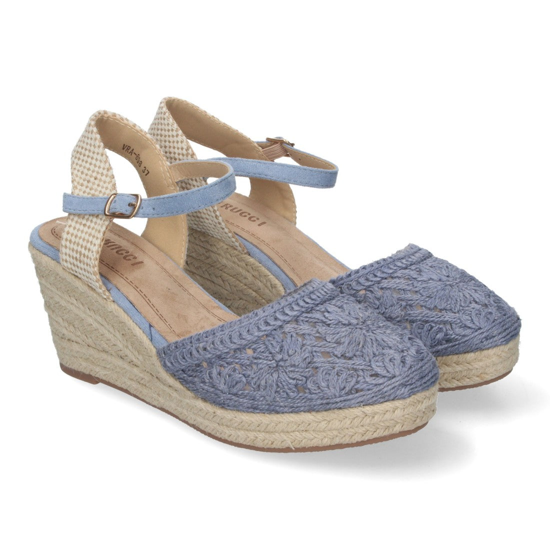Sandalias Azul Marino Mujer Cuña Yute Valenciana Bordados Flores