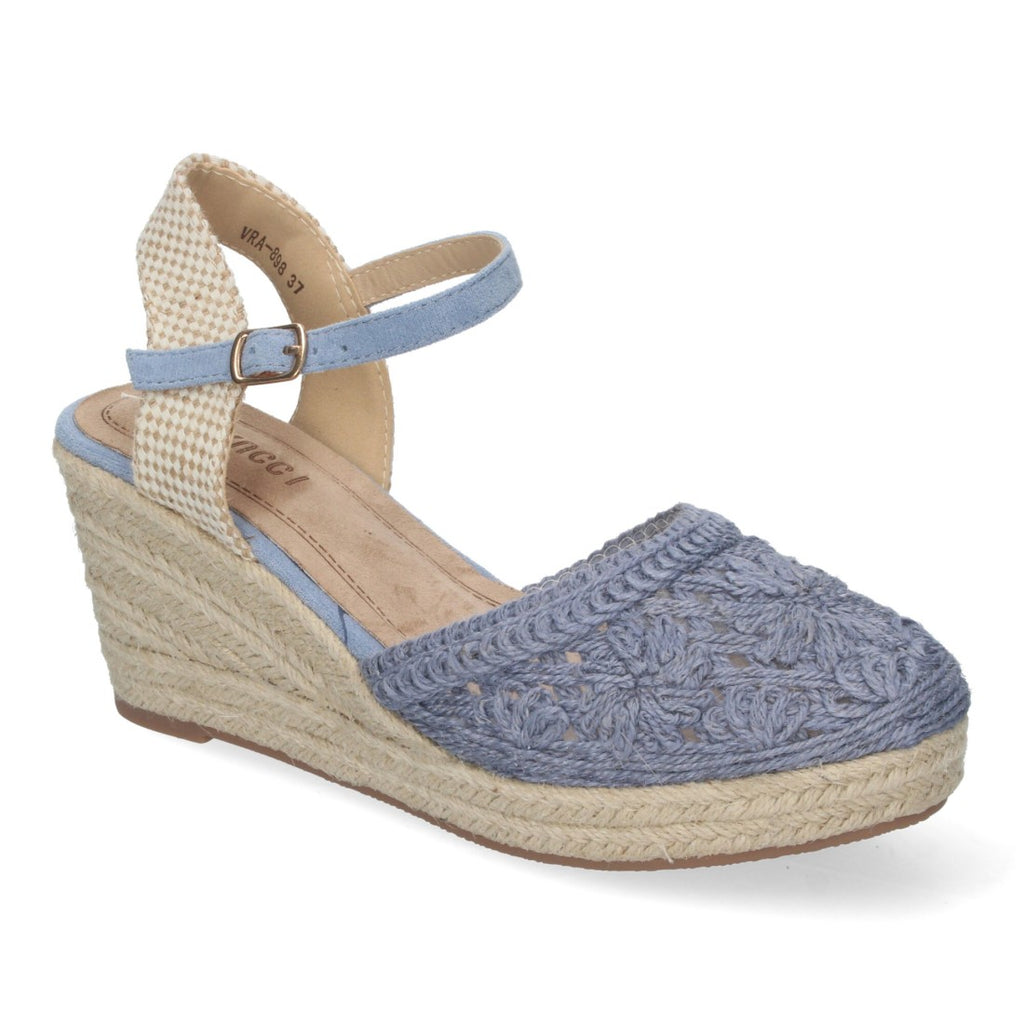 Sandalias Azul Marino Mujer Cuña Yute Valenciana Bordados Flores