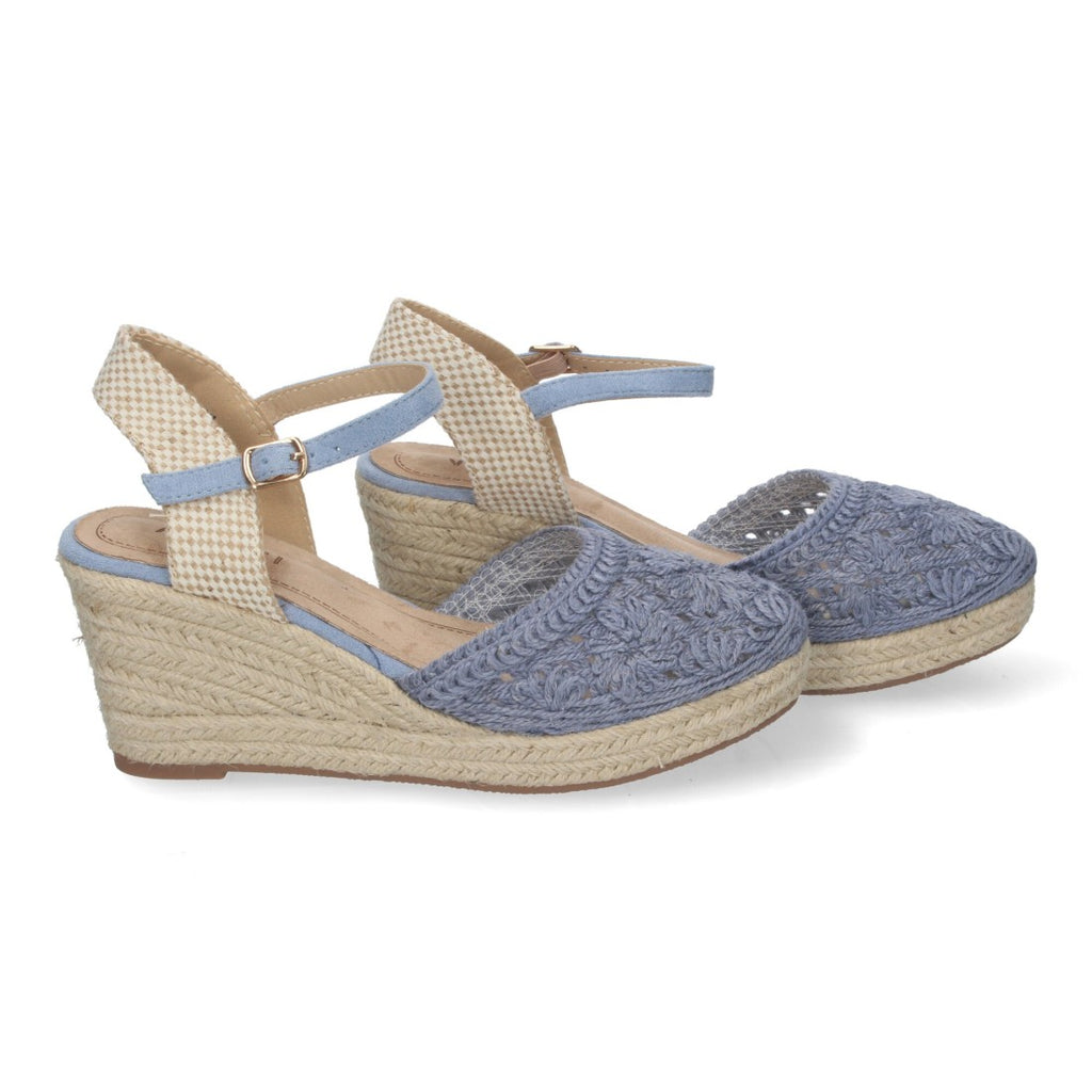 Sandalias Azul Marino Mujer Cuña Yute Valenciana Bordados Flores
