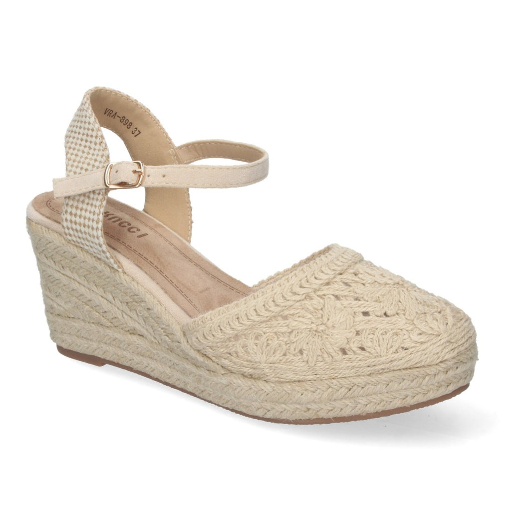 Sandalias Beige Mujer Cuña Yute Valenciana Bordados Flores