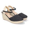 Sandalias Negras Mujer Cuña Yute Valenciana Bordados Flores