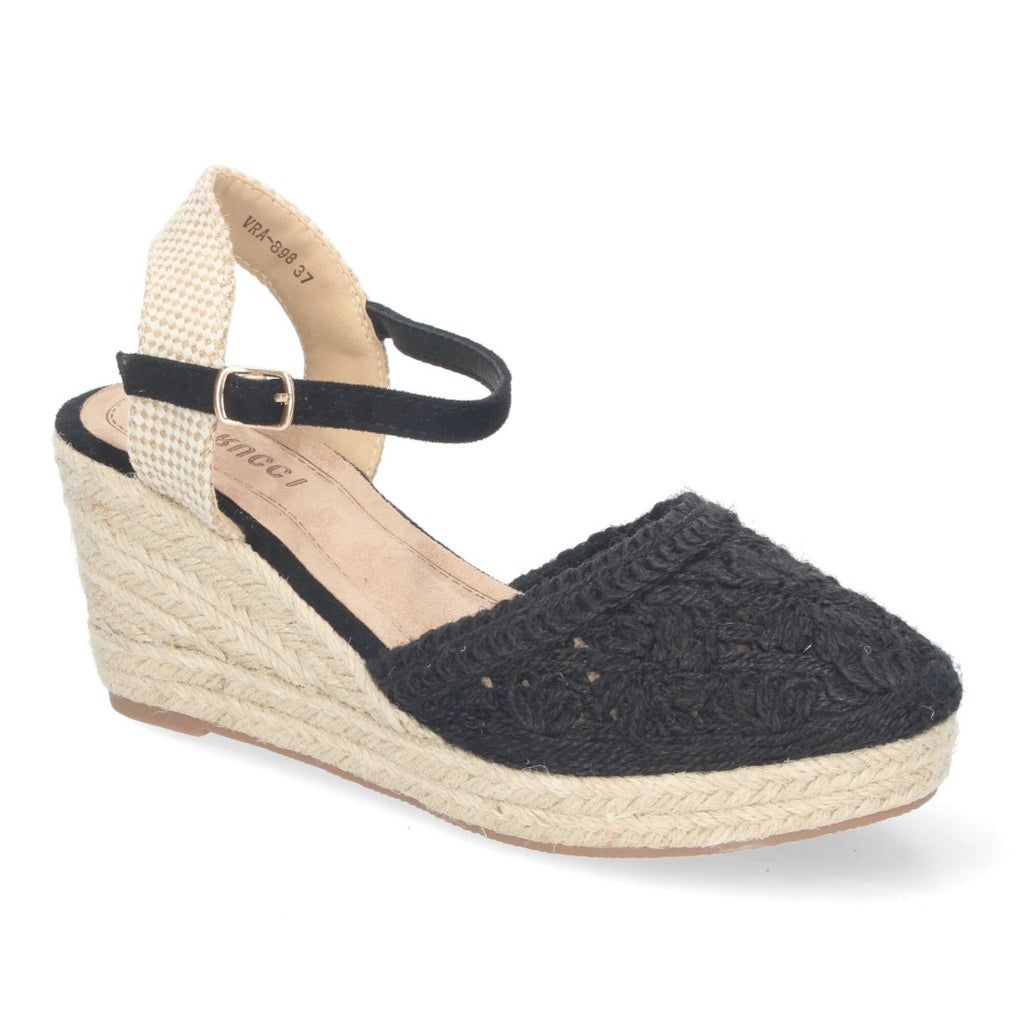 Sandalias Negras Mujer Cuña Yute Valenciana Bordados Flores
