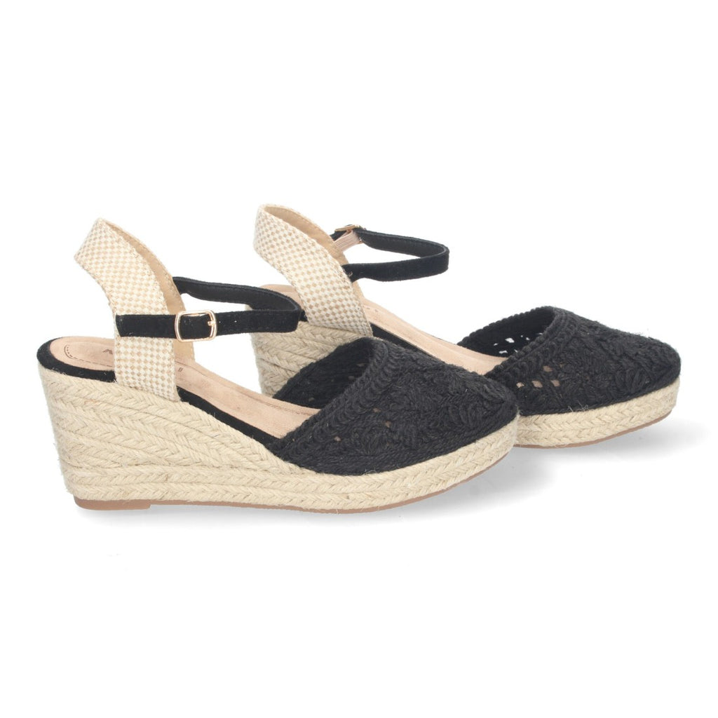 Sandalias Negras Mujer Cuña Yute Valenciana Bordados Flores