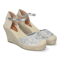 Sandalias Plateadas Mujer Cuña Yute Valenciana Bordados Flores