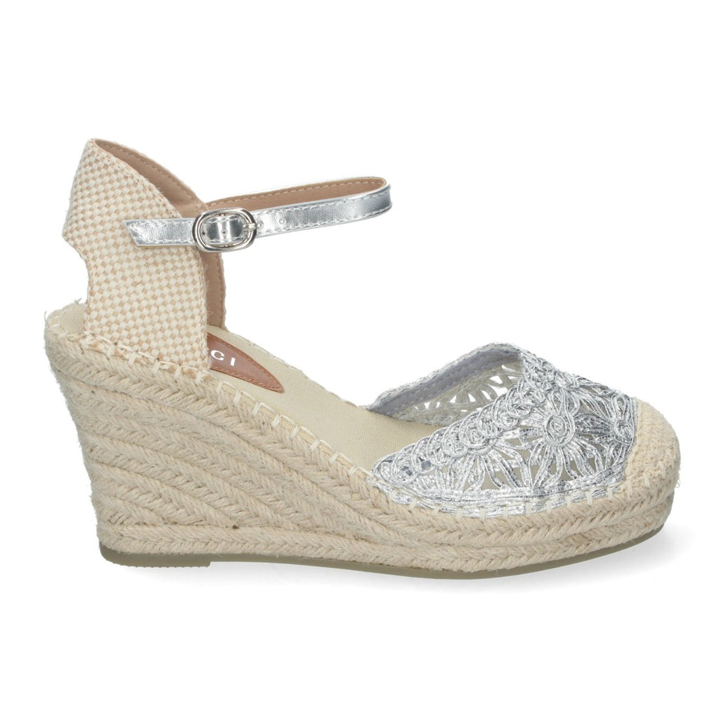 Sandalias Plateadas Mujer Cuña Yute Valenciana Bordados Flores