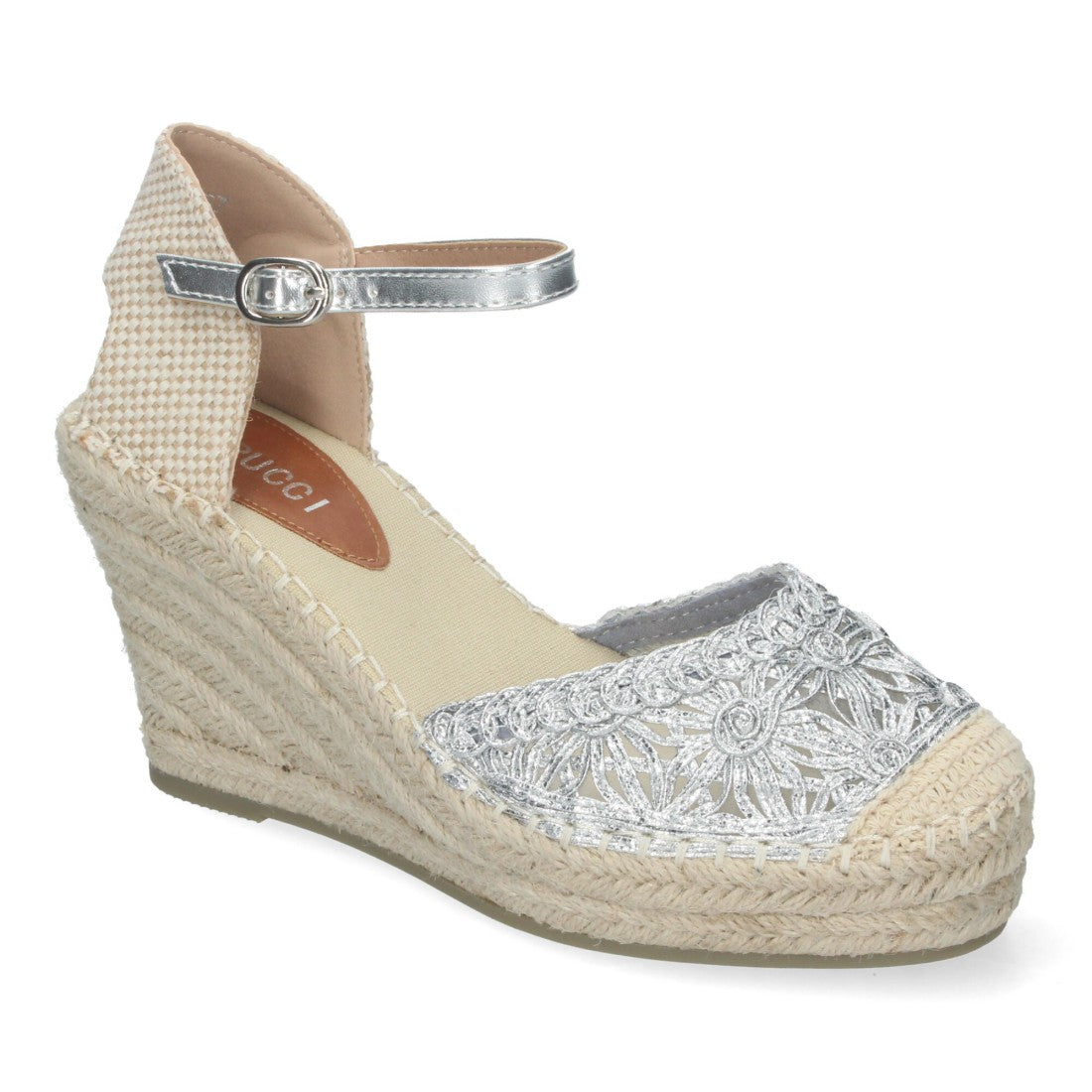 Sandalias Plateadas Mujer Cuña Yute Valenciana Bordados Flores