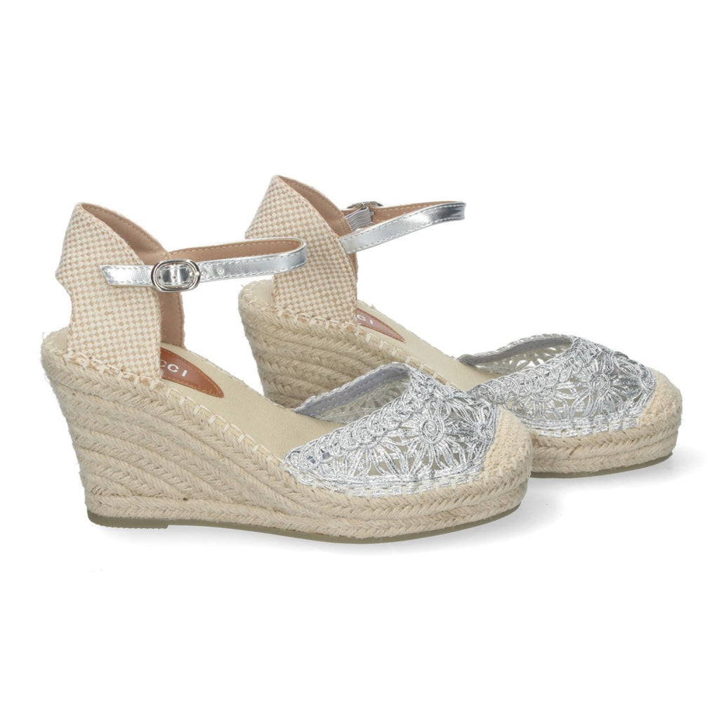 Sandalias Plateadas Mujer Cuña Yute Valenciana Bordados Flores