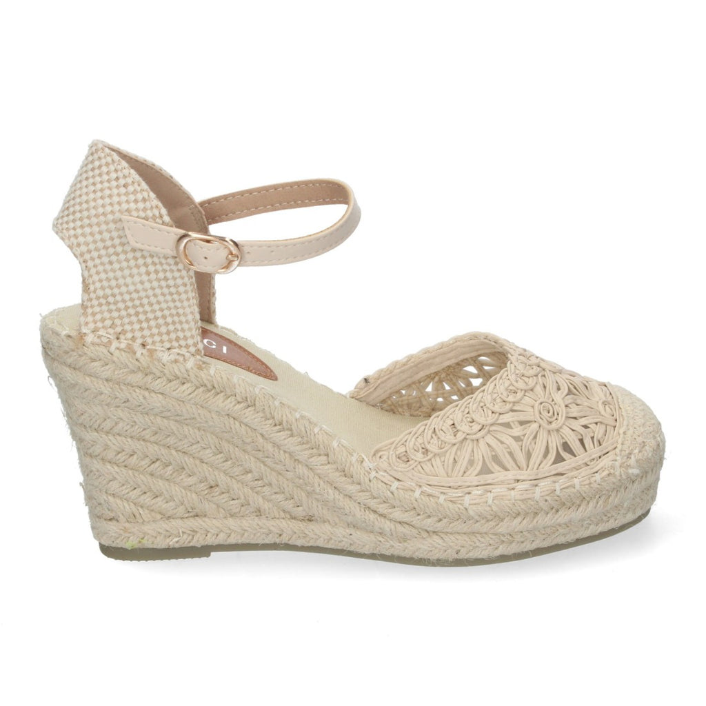 Sandalias Beige Mujer Cuña Yute Valenciana Bordados Flores