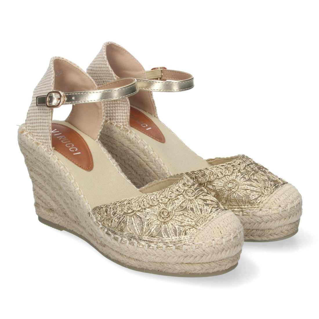 Sandalias Doradas Mujer Cuña Yute Valenciana Bordados Flores
