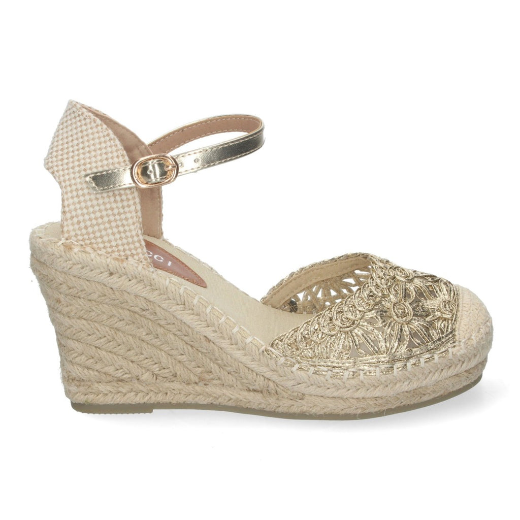 Sandalias Doradas Mujer Cuña Yute Valenciana Bordados Flores
